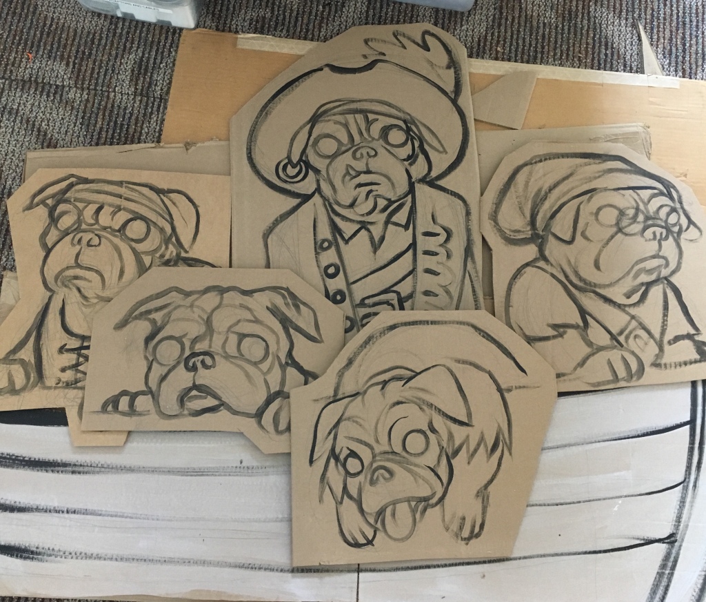 rough line paining on cardboard of pugs in pirate costumes